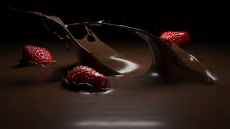 Strawberries fall into melted chocolate 3d illustrationの写真素材