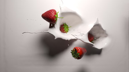 Strawberries fall into white yogurt 3d illustrationの写真素材