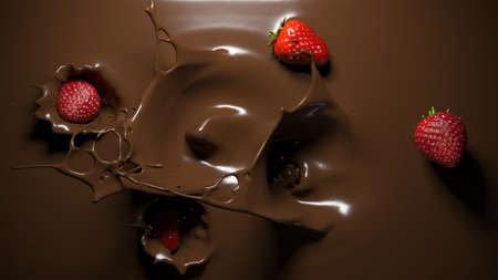 Strawberries fall into melted chocolate 3d illustrationの写真素材