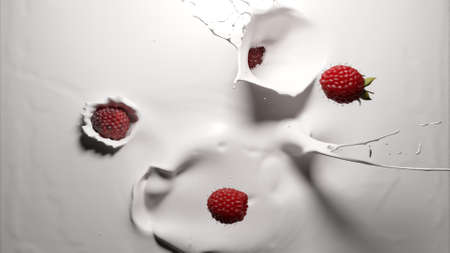 raspberry falling into white yogurt 3d illustrationの写真素材