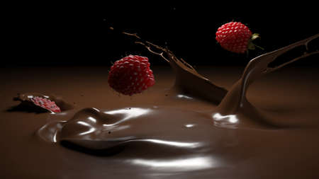 raspberry falling into melt chocolate 3d illustrationの写真素材