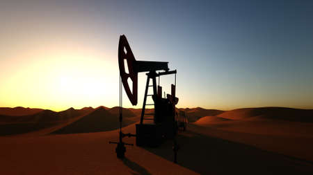 Oil pump in desert on sunset 3d illustrationの写真素材