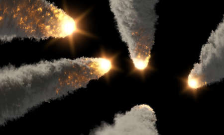 Meteor rains with smoke tails 3d illustration