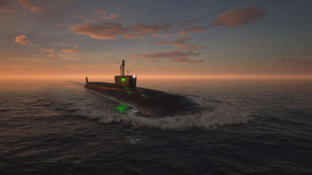 Atomic submarine in ocean at sunset 3d illustrationの写真素材
