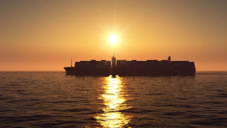 Container ship in ocean at sunset 3d illustrationの写真素材