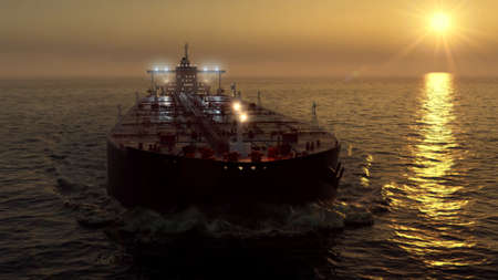 Oil tanker in the ocean on sunset 3d illustrationの写真素材