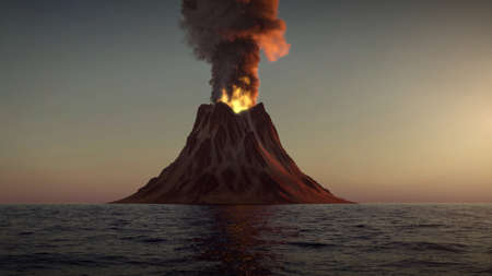 Volcano eruption on an island in the ocean at sunsetの写真素材