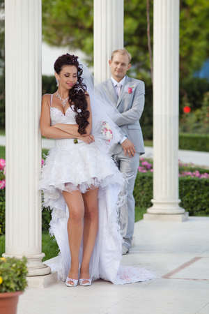 Newly wedded couple in the park  Just married in day of them wedding の写真素材