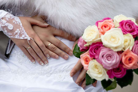 Wedding hands  Newly wedded showing own hands with wedding ringsの写真素材