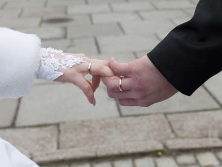 Wedding hands  Hands of newly wedded with wedding ringsの写真素材