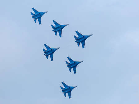 Six war jet planes in sky. Russian military jet planes showing aerobaticsのeditorial素材
