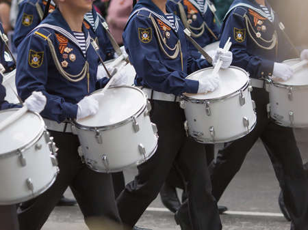 Drummers in a Marching Band. Navy orchestra participate in parade.のeditorial素材