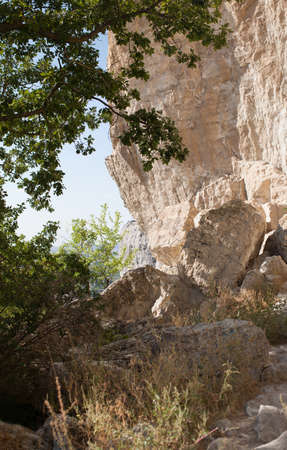 Mountain landscape in the Northern Black sea region. Shady place at the foot of a rocky mountain