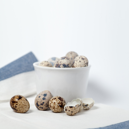 Quail eggs still life on wite tableclothの写真素材