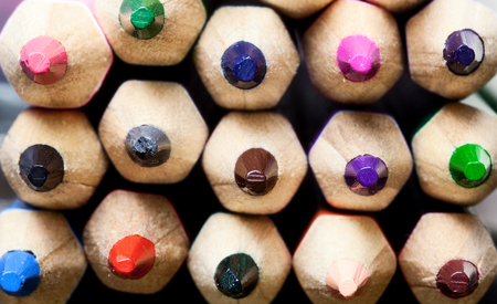 Background of colored pencils for creativity closeup,Close-up of multicolored crayon tipsの写真素材