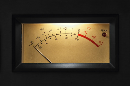 VU Meter on audio equipment,Analog measuring device with the needle in motion, studio closeupの写真素材