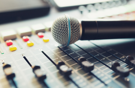 audio console and microphone,close-up on the sound mixer, shallow depth of fieldの写真素材