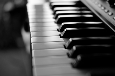 Piano keys closeup monochrome with shallow depth of field