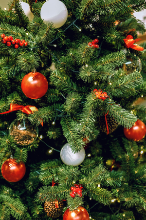 Decorated christmas tree. Holiday backgroundの写真素材