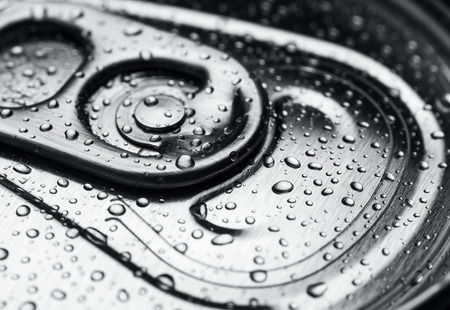 close up aluminium can drink with droplets, beer can with drops water condensate