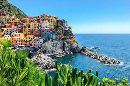 View of Manarola on sunny day ,small town in the province of La Spezia, Liguria, Italyの写真素材