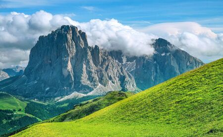 landscape in Val Gardena on a sunny summer day image of famous Sassolungo peak. nature background. Dolomiti, Trentino Alto Adige, province , Italy, Europe.の写真素材