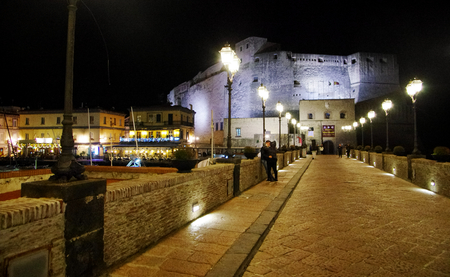 NEAPLES,IT - CIRCA DECEMBER 2014 - Night view of Maschio Angioino and the harbor.のeditorial素材