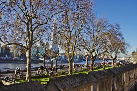 LONDON,UK - 01 DEC 2016 -The Shard skyscraperover seen from the Tower of London wallsのeditorial素材