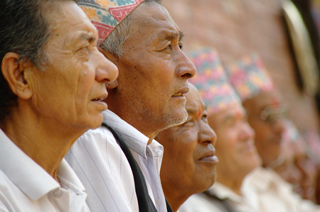 KATHMANDU,NP - CIRCA AUGUST, 2012 - Faces of elderly Nepalese men in Durbar Square. Nepal will be struck by a big earthquake in 2015.のeditorial素材