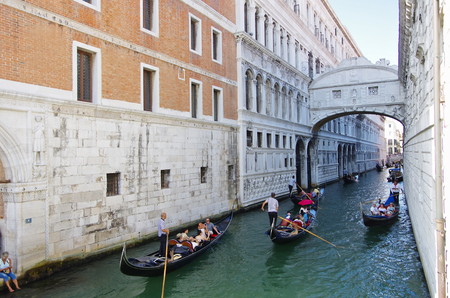 Venice, IT - August 29, 2017 - Tourists on Gondola, the favourite transportation for tourists in Veniceのeditorial素材