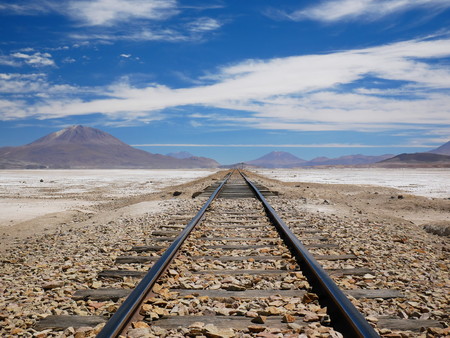 Railroad to Chile on the incredible salt flat of the andean altiplano of Bolivia, South Americaの写真素材