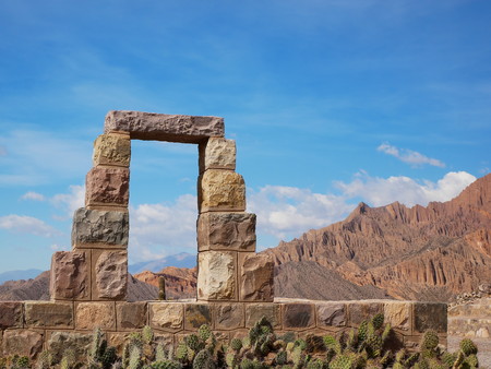 Red rocks and Inca ruins in Tilcara, Quebrada de Humahuaca, Argentinaの写真素材