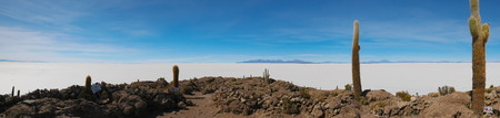 The incredible salt flat of Salar de Uyuni, on the andean altiplano of Bolivia, South America, seen from the Isla Incahuasi, an island emerging from the saltの写真素材