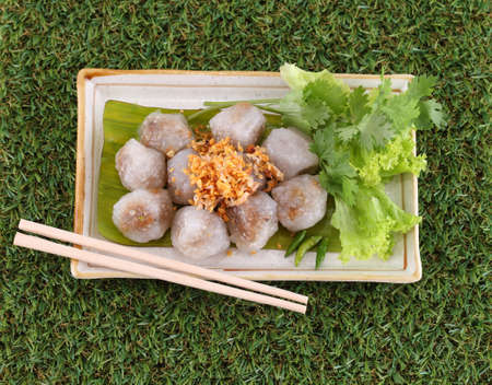 steamed tapioca dumpling with pork on green grassの写真素材