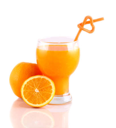 orange juice with straws love on white backgroundの写真素材