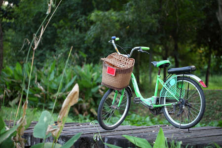 Old bicycle at sunny day at field on the parkの写真素材