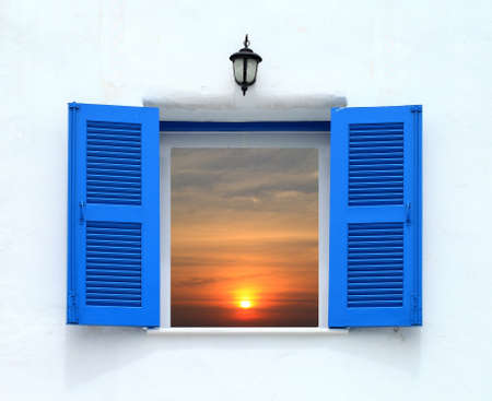 Greek Style windows and lamp with sunsets viewの写真素材