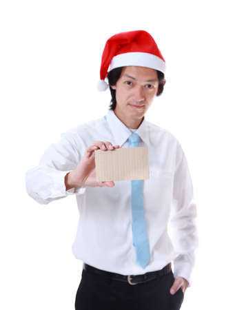 Businessman hands holding paper, Christmas blank poster banner. Isolated on white background. の写真素材