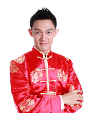 Asian man is smile in chinese new year day,on white background の写真素材