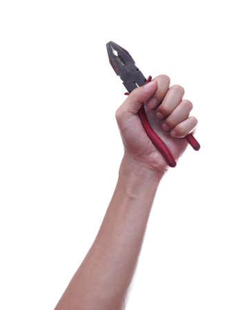 hand holding pliers isolated on white background の写真素材