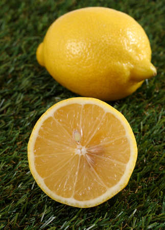 fresh lemon laying on green grassの写真素材