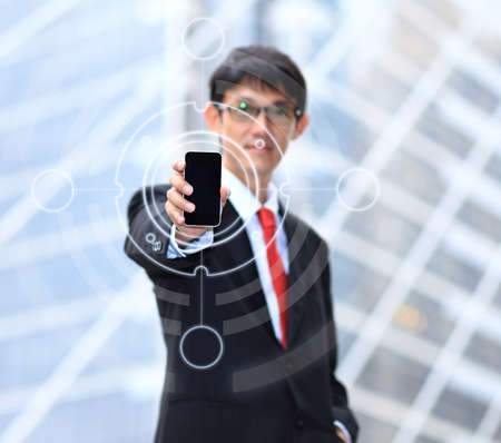 Business man using smartphone social connection.