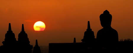 Morning silhouette of Buddha image on Borobudur temple,Yogyakarta. Java, Indonesia.の写真素材