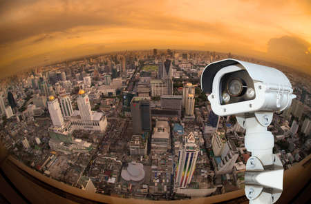CCTV with Blur City in background fish eye perspectiveのeditorial素材