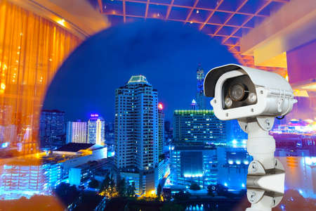 Security camera detects the movement of traffic. Skyscraper rooftop.