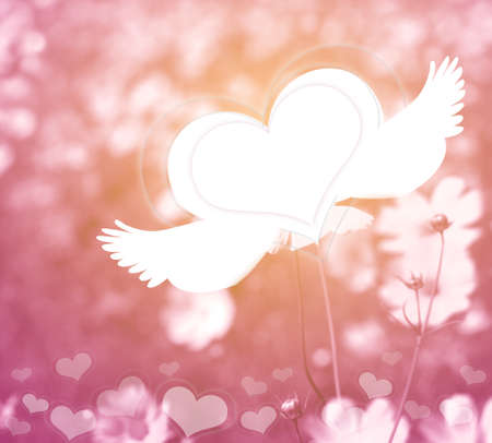 Pink flowers and heart in soft color style for romantic background.