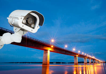 Security camera monitoring the Thailand,Savannakhet Laos  bridge with river at twilight, mukdahan,...