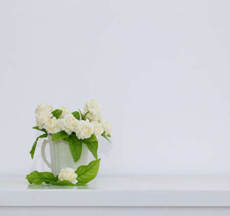 the artificial jasmine flower in the pot at the white table with the white wall backgroundの写真素材