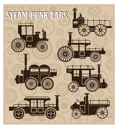 A set of silhouettes of vintage cars in the style of steam-punkのイラスト素材