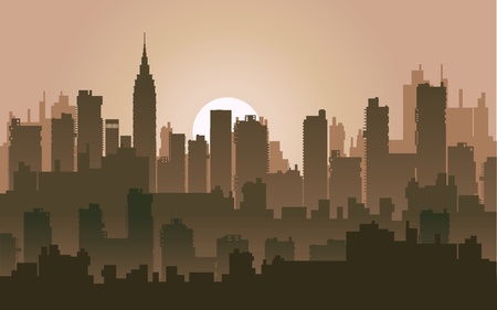 Silhouette of the city at night against the setting sunのイラスト素材